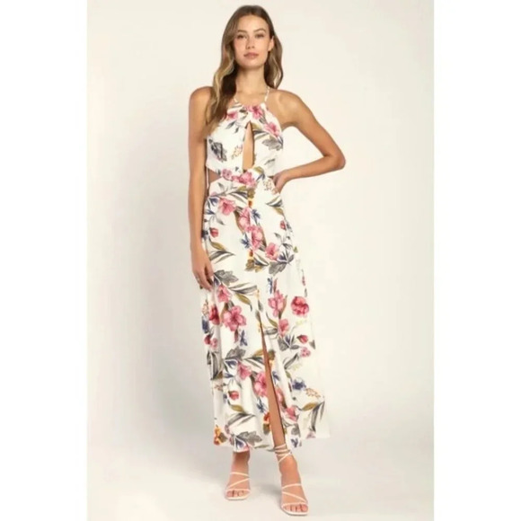 Lulus Dresses & Skirts - NWT Lulus Blossoming Hours Ivory Floral Keyhole Backless Halter Maxi Dress-sz Me